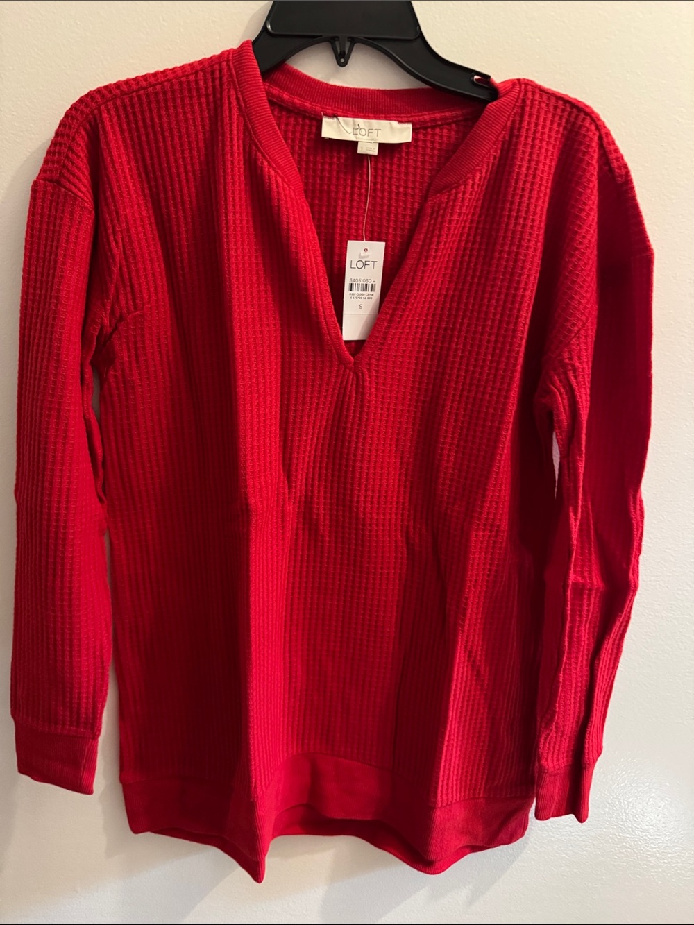 LOFT Red Waffle-Knit V-Neck Pullover